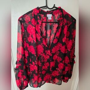 Chico's Red and Black Ruffled Long Sleeve Blouse